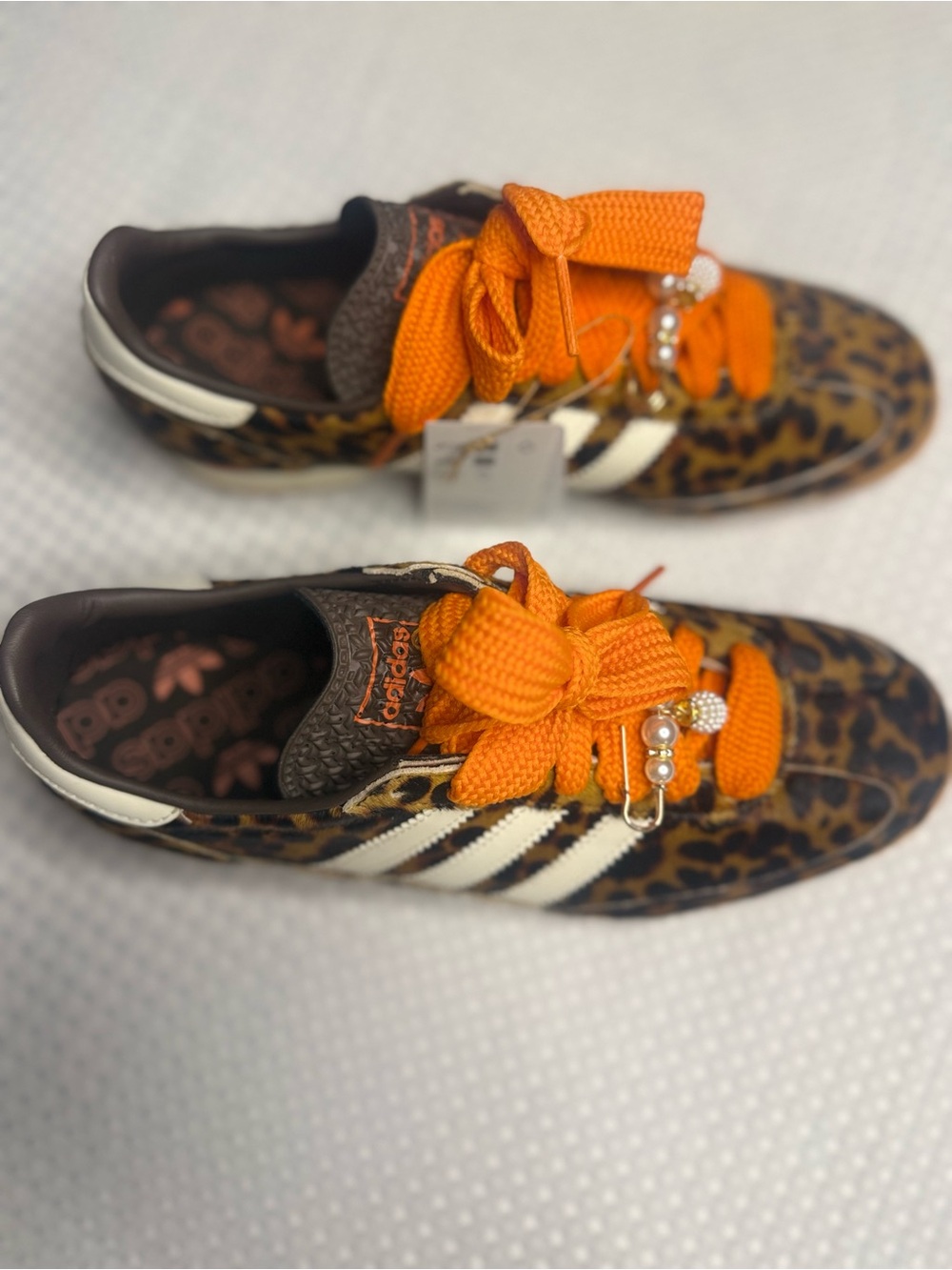 adidas Leopard Print Sneakers with Orange Laces and Pearl Charms - Picture 3 of 9